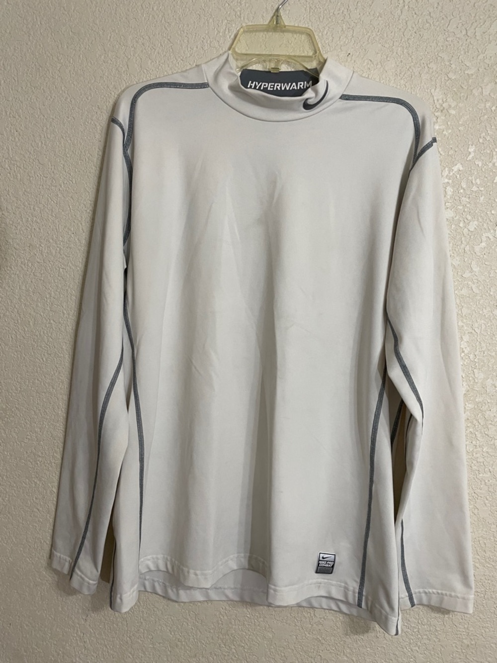 Nike White Hyperwarm Long Sleeve Crew with Gray Stitching